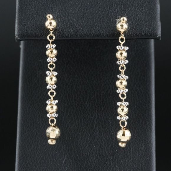 14k ⭐️ Gold Drop Earrings Two Tone Fancy Beaded Link - Picture 1 of 6